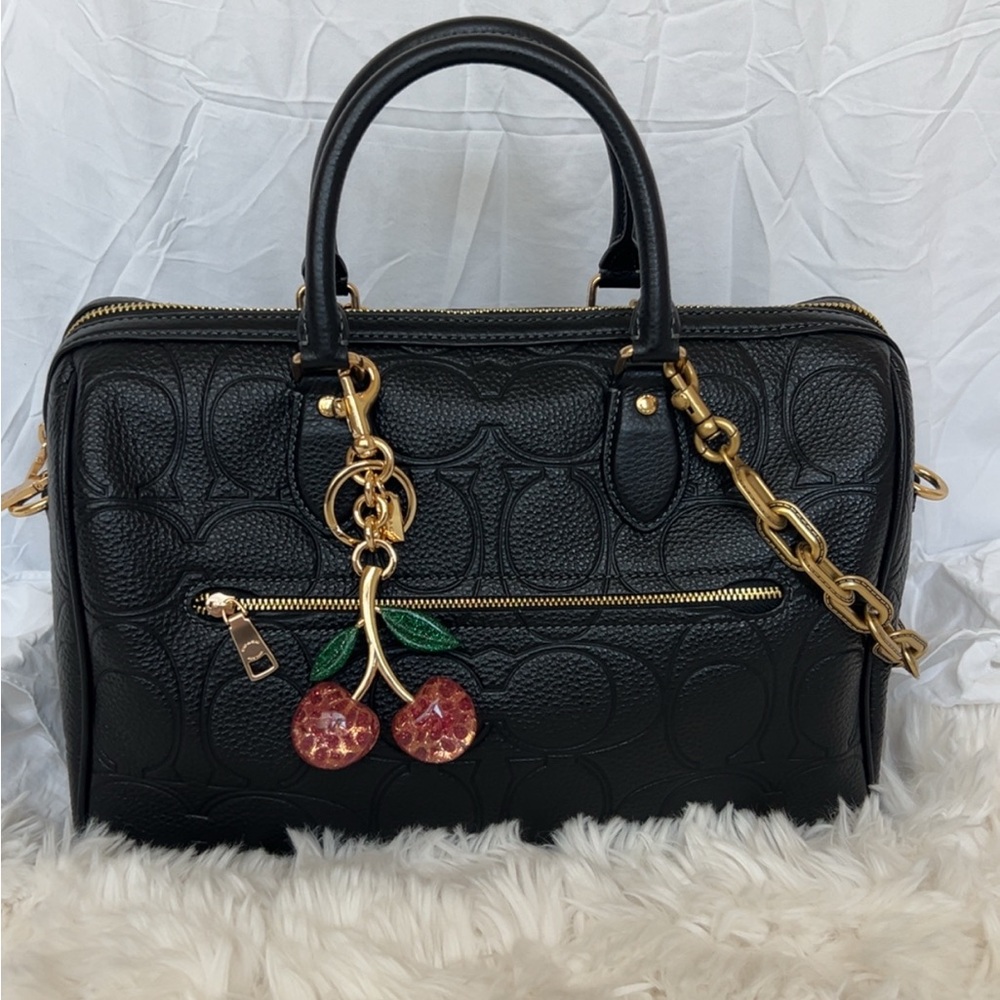 COACH Black Embossed Leather Satchel with Gold Hardware and coach charms - Picture 3 of 12